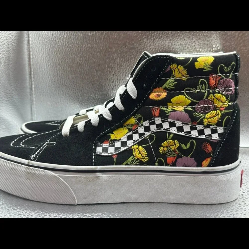 Size 6.5 -‎ Vans Sk8-Hi Platform Colorful Poppy Checkerboard Floral Skate Shoes